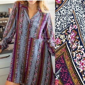 Natural Life Ansley Button Down Shirt Dress Shirtdress Floral Boho Hippie